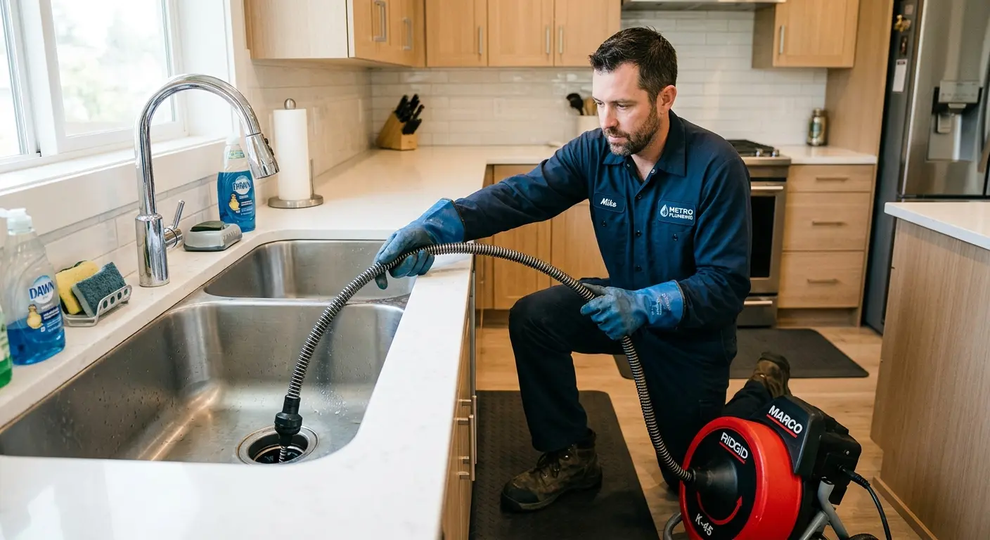 Drain cleaning technician using a motorized snake on a kitchen sink in Romeoville