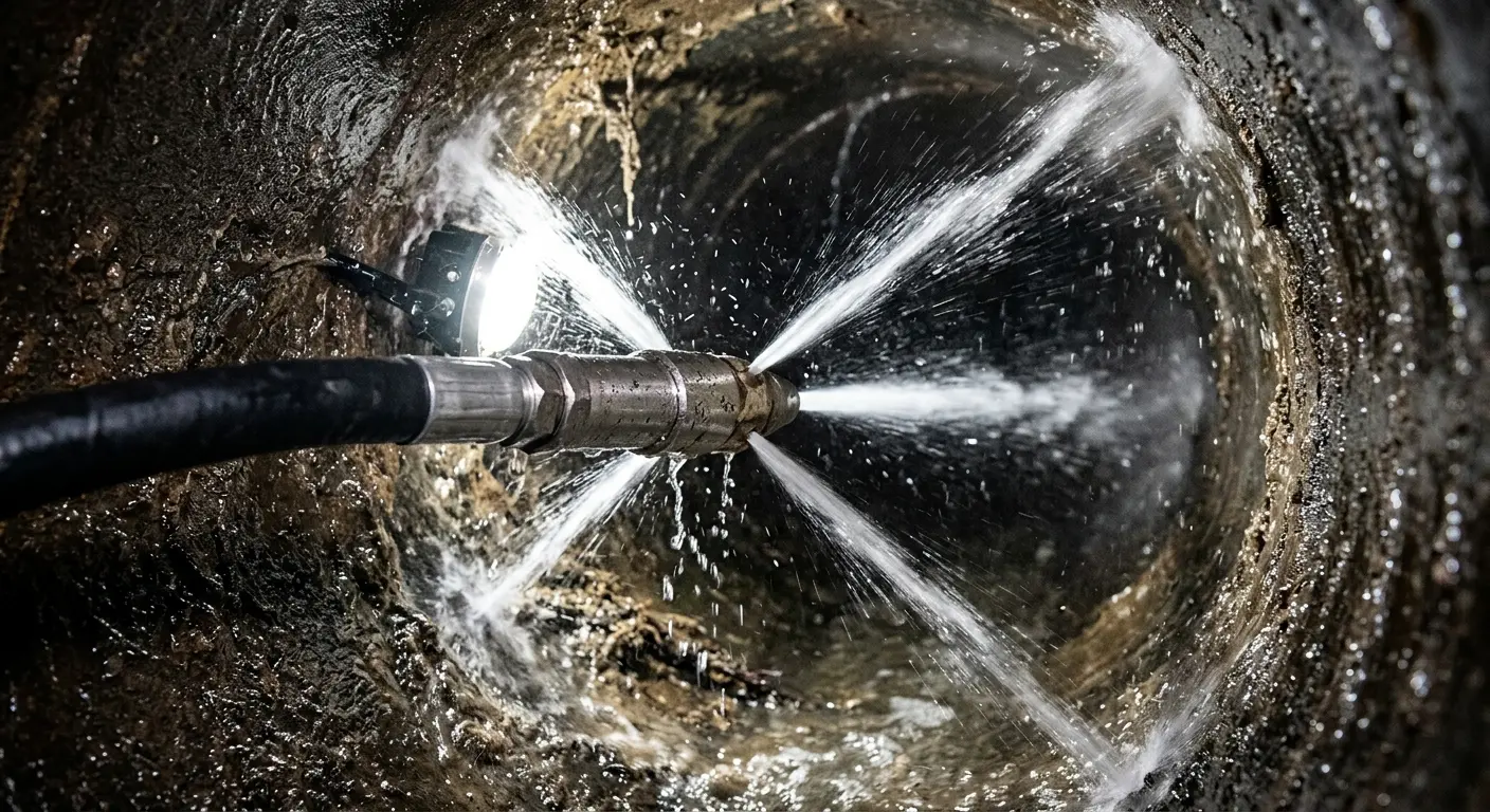 High-pressure hydro jetting nozzle cleaning sewer pipe for Trenchless Sewer Repair in Romeoville