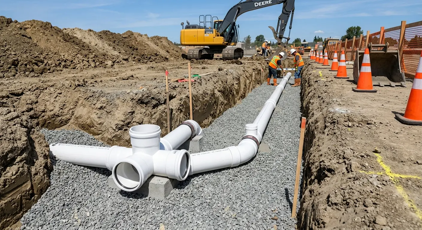 New PVC sewer pipe installation in open trench for Grease Trap Cleaning in Romeoville