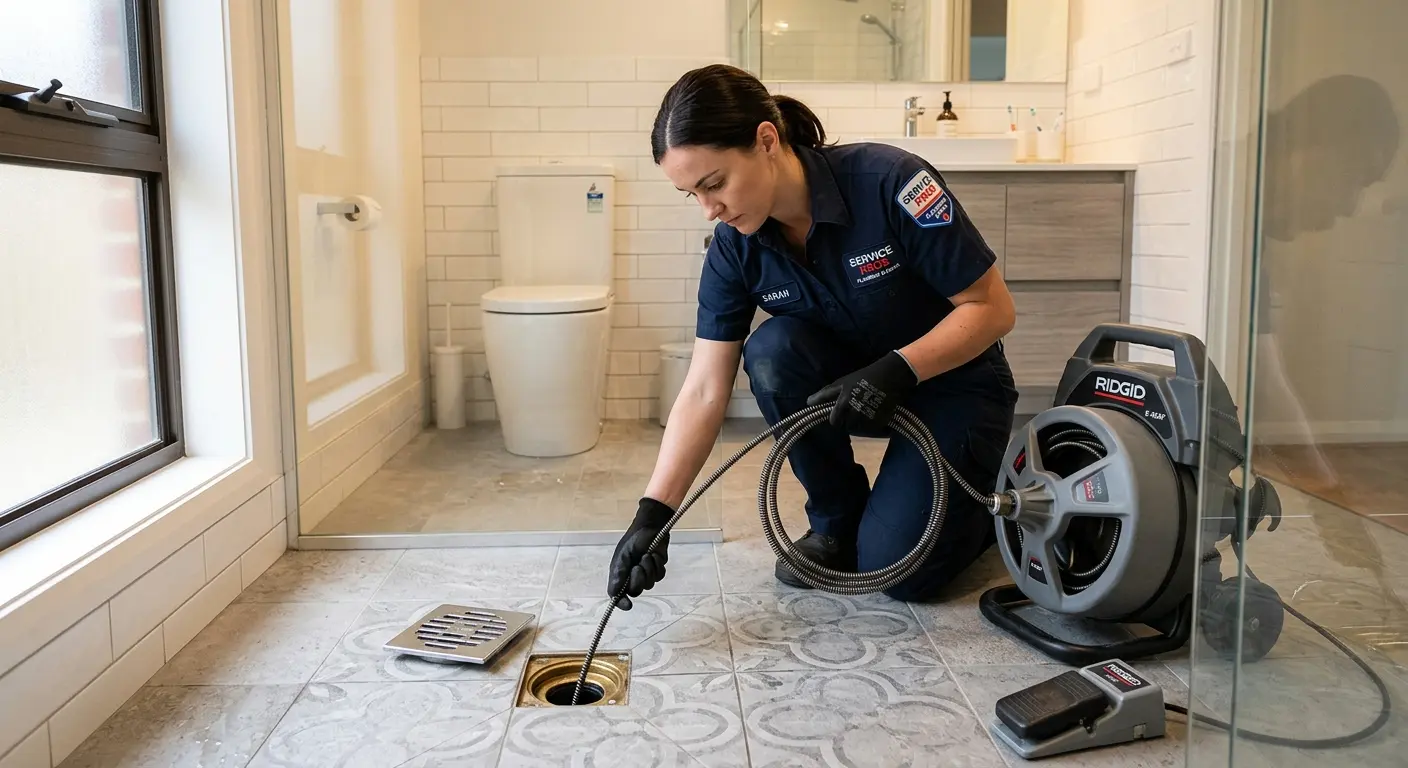 Technician clearing a bathroom floor drain for Sewer Line Installation in Romeoville